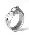 Cascades Ring in White Gold by Tropaêz, featuring bold peaks and plunges, 9mm wide--side angle view.