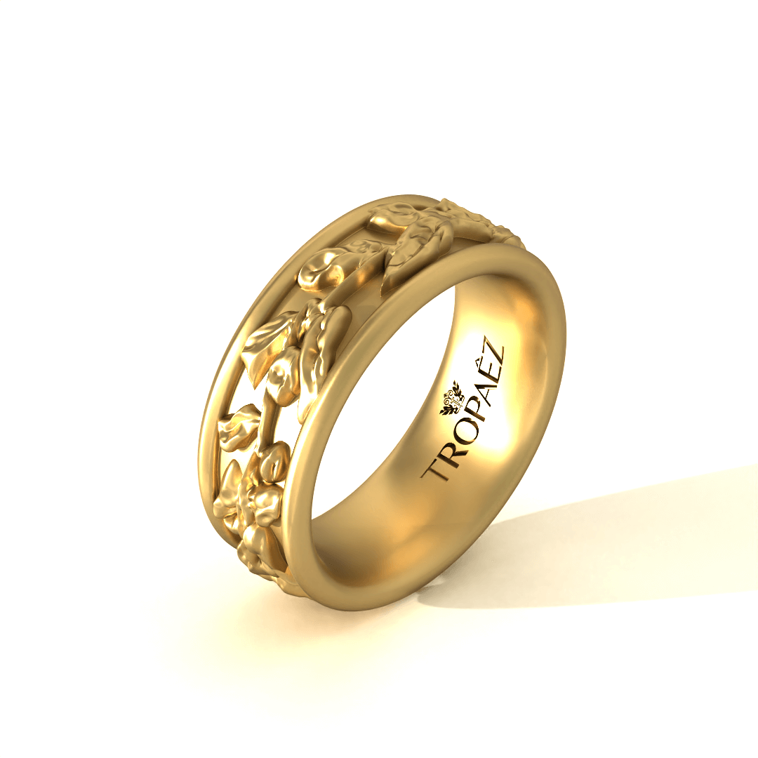 Banquet Wedding Band in 20k Gold by Tropaêz, featuring a sculpted vine motif, 9mm wide--alternate angle view.