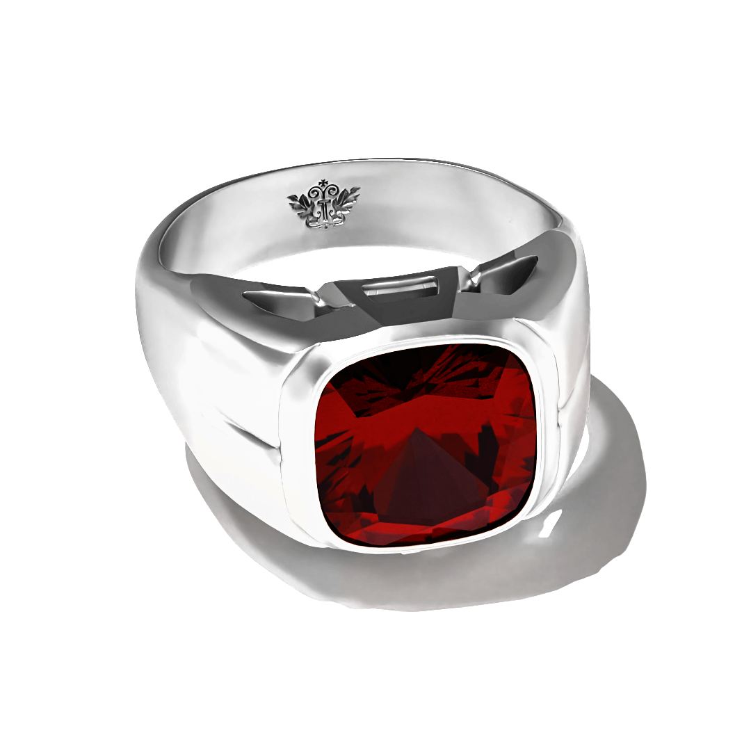 Grand Touring Ring in White Gold by Tropaêz, featuring a deep red garnet and resort styling--alternate angle view.