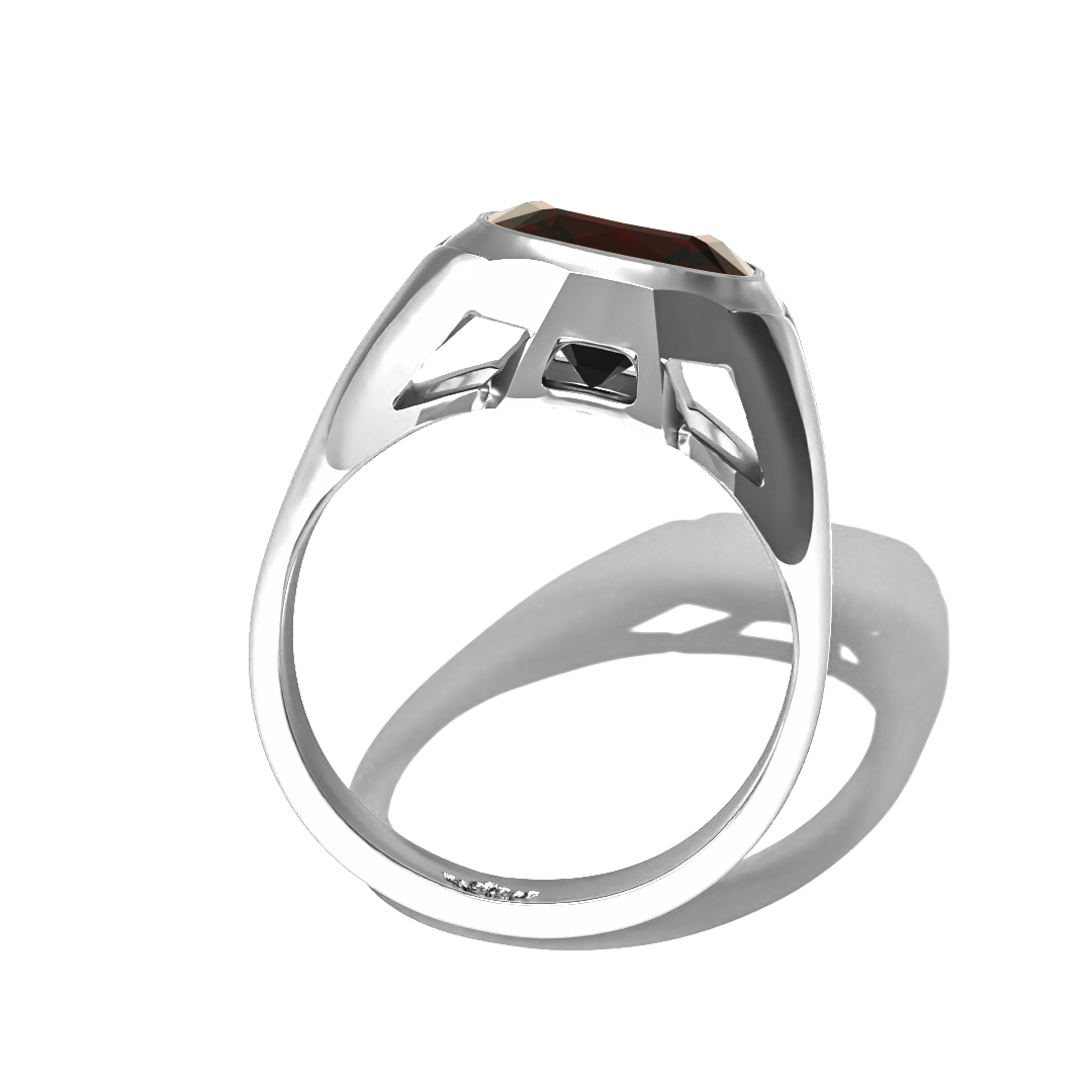 Grand Touring Ring in White Gold by Tropaêz, featuring a deep red garnet and resort styling--side view.