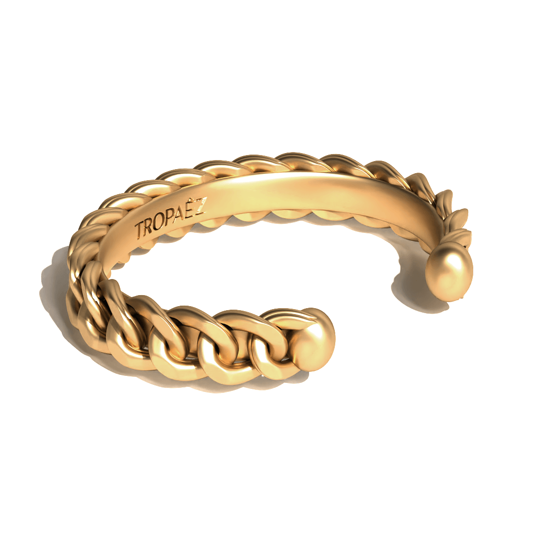 Cuban Twin-Link Cuff Bracelet in 18k Yellow Gold by Tropaêz, sleek slip-on design, 12mm wide.