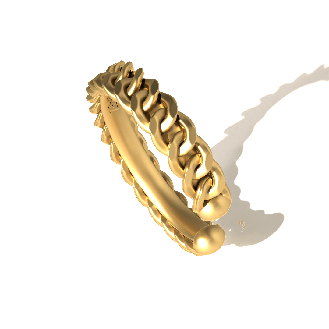Cuban Twin-Link Cuff Bracelet in 18k Yellow Gold by Tropaêz, sleek slip-on design, 12mm wide--side view.