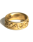 Banquet Wedding Band in 20k Gold by Tropaêz, featuring a sculpted vine motif, 9mm wide.