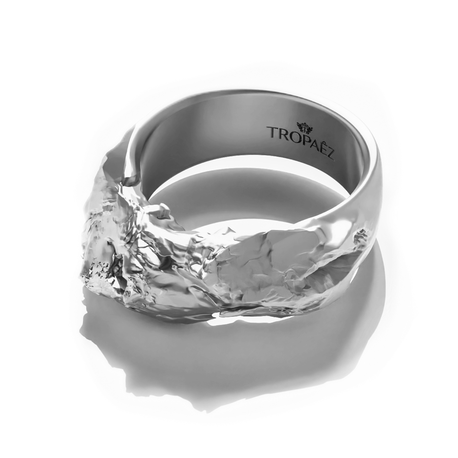 Cascades Ring in White Gold by Tropaêz, featuring bold peaks and plunges, 9mm wide--seen from above.