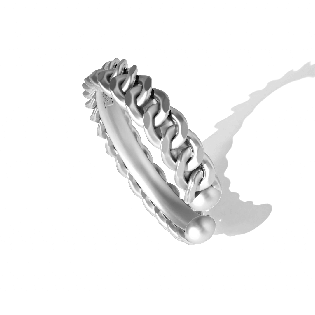 Cuban Twin-Link Cuff Bracelet in Sterling Silver by Tropaêz, sleek slip-on design, 12mm wide--side view.