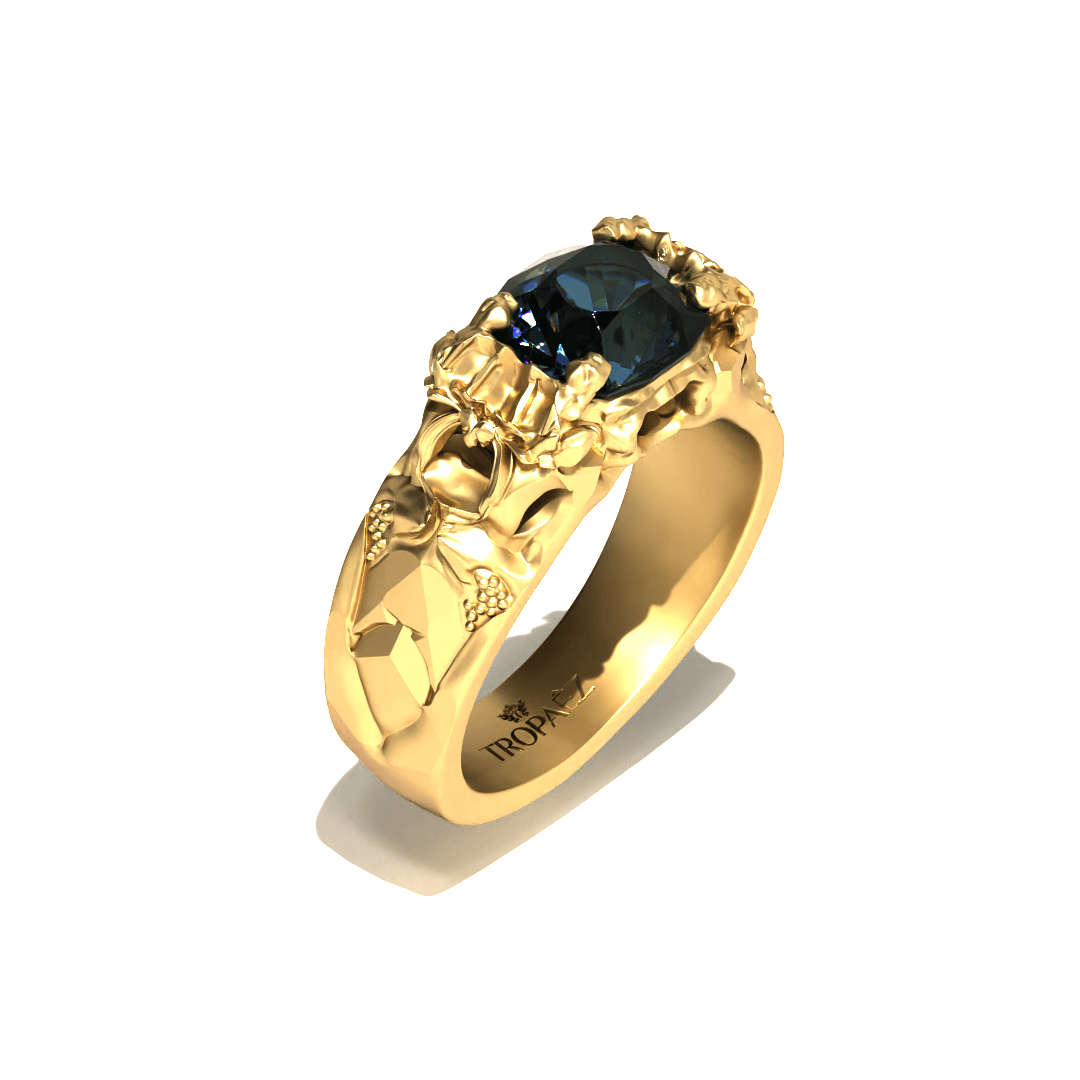 Manor House Ring in 20k Gold by Tropaêz, limited edition with vineyard motifs and London Blue Topaz--profile view.
