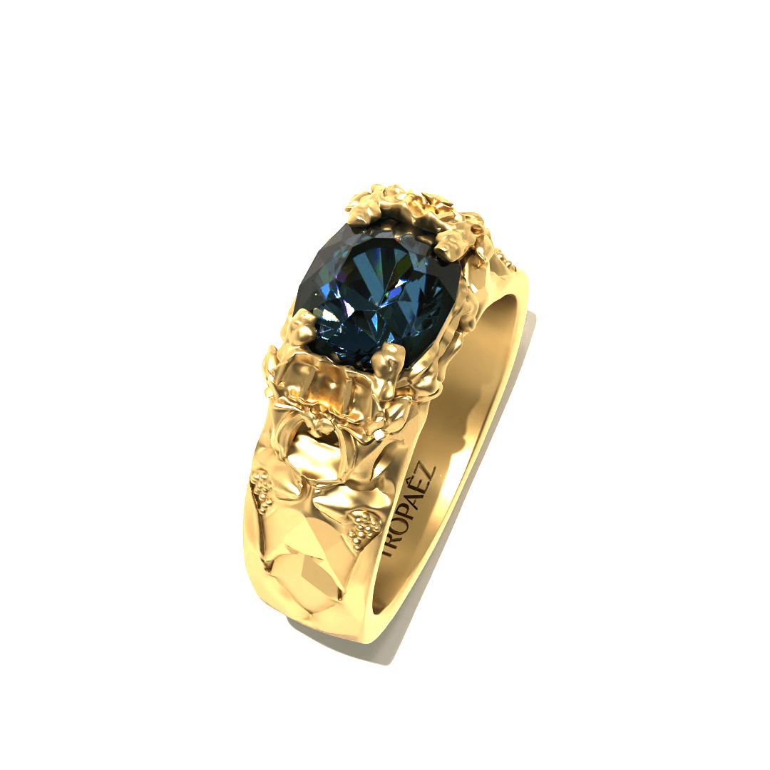 Manor House Ring in 20k Gold by Tropaêz, limited edition with vineyard motifs and London Blue Topaz--alternate top view.