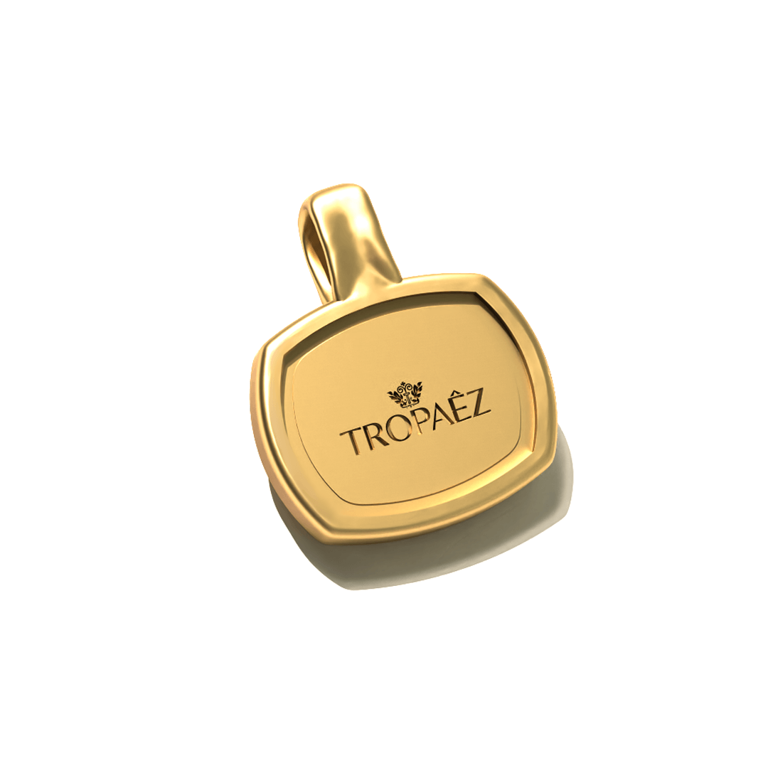 Lion’s Resolve Pendant in 20k Gold by Tropaêz, featuring a lion intaglio, symbol of strength--back view includes the Tropaêz branding.