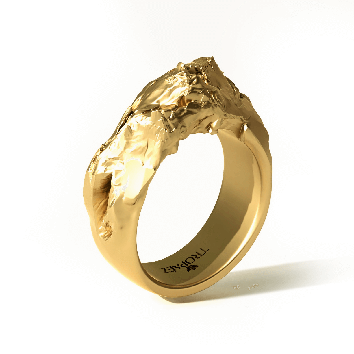 Cascades Ring in 20k Gold by Tropaêz, featuring bold peaks and plunges, 9mm wide--side angle view.