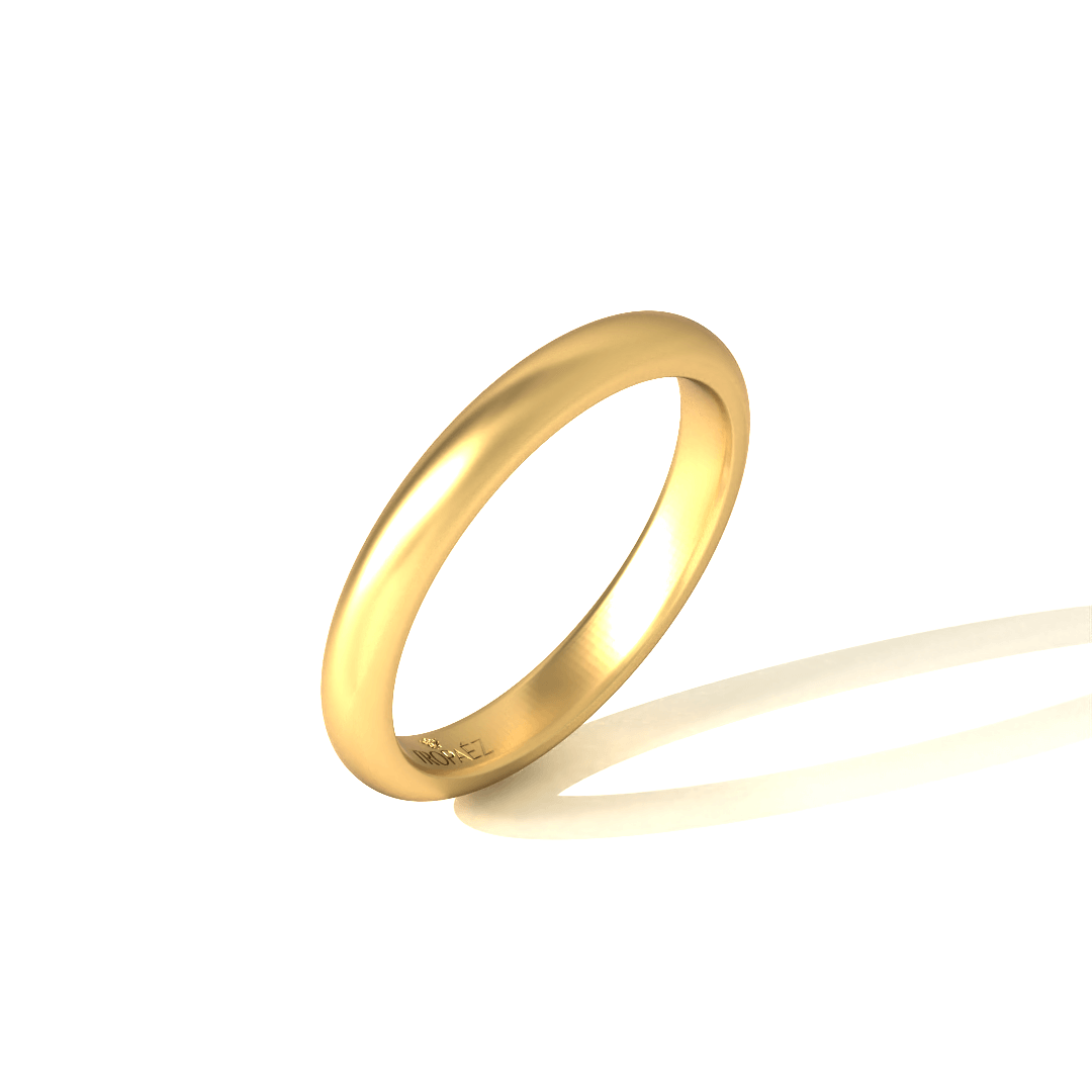 Tropaêz Classic Women's Band in 20k Gold, timeless unadorned design, 5mm wide--alternate angled view.