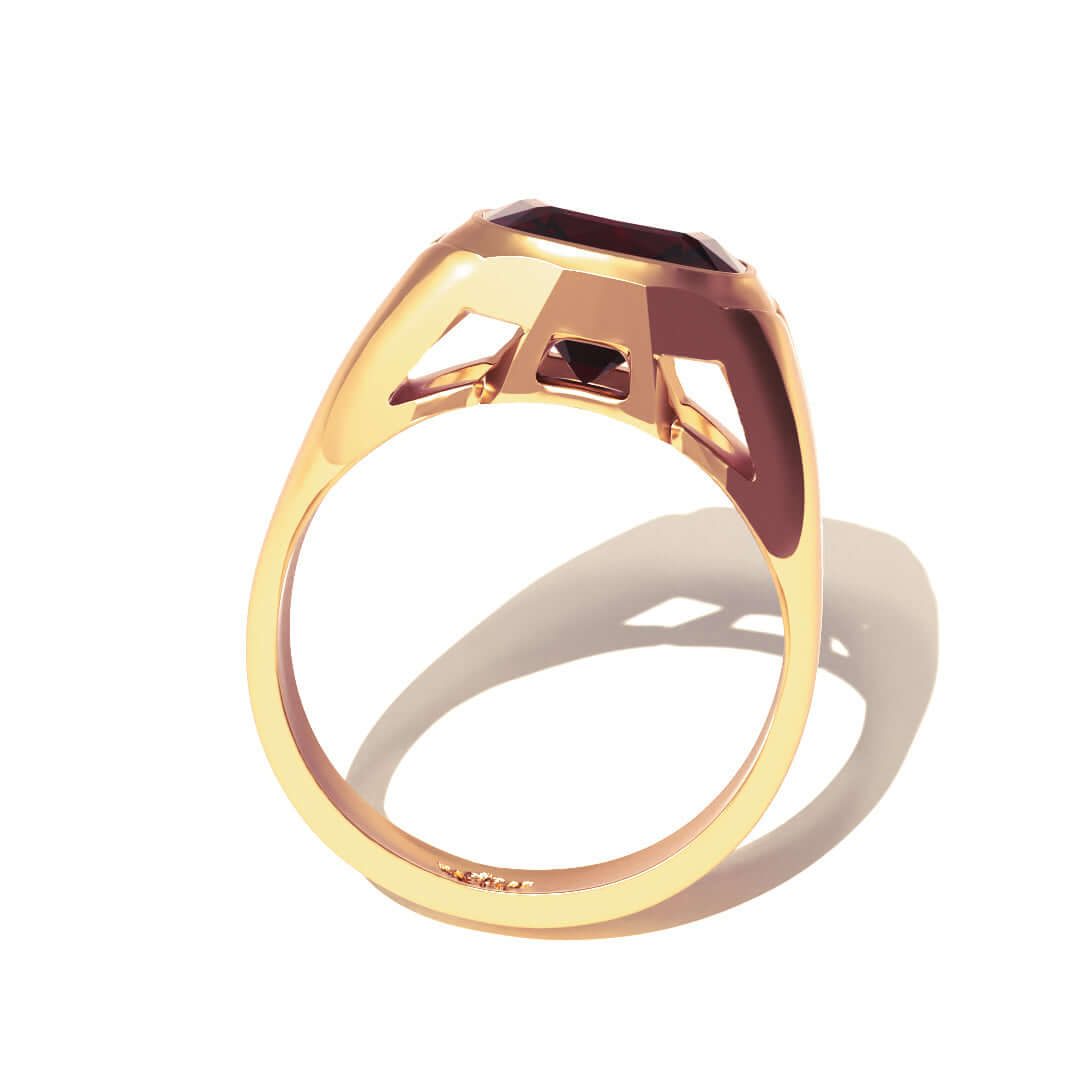 Grand Touring Ring in 20k Yellow Gold by Tropaêz, featuring a deep red garnet and resort styling--side view.