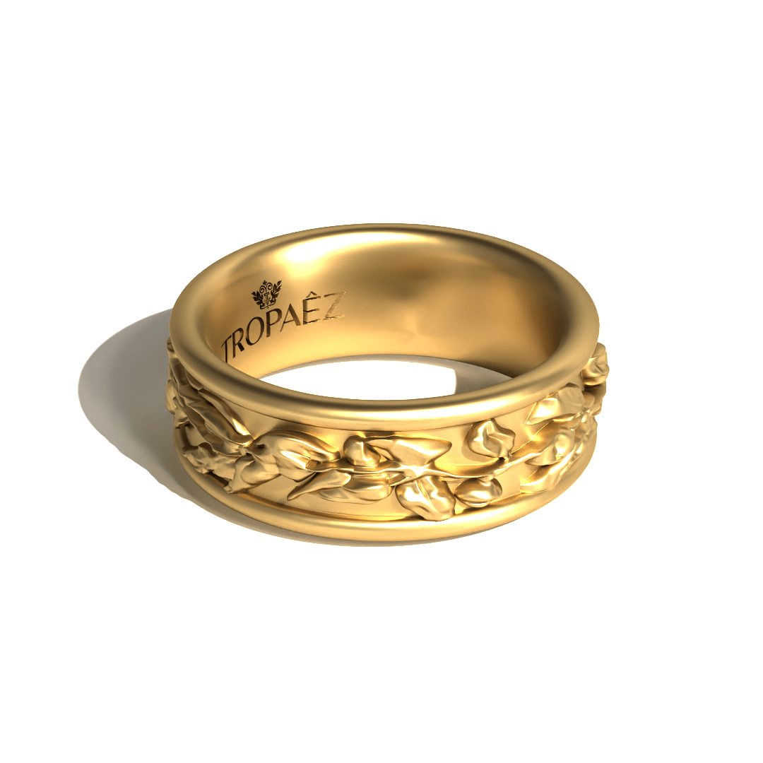 Banquet Wedding Band in 20k Gold by Tropaêz, featuring a sculpted vine motif, 9mm wide.