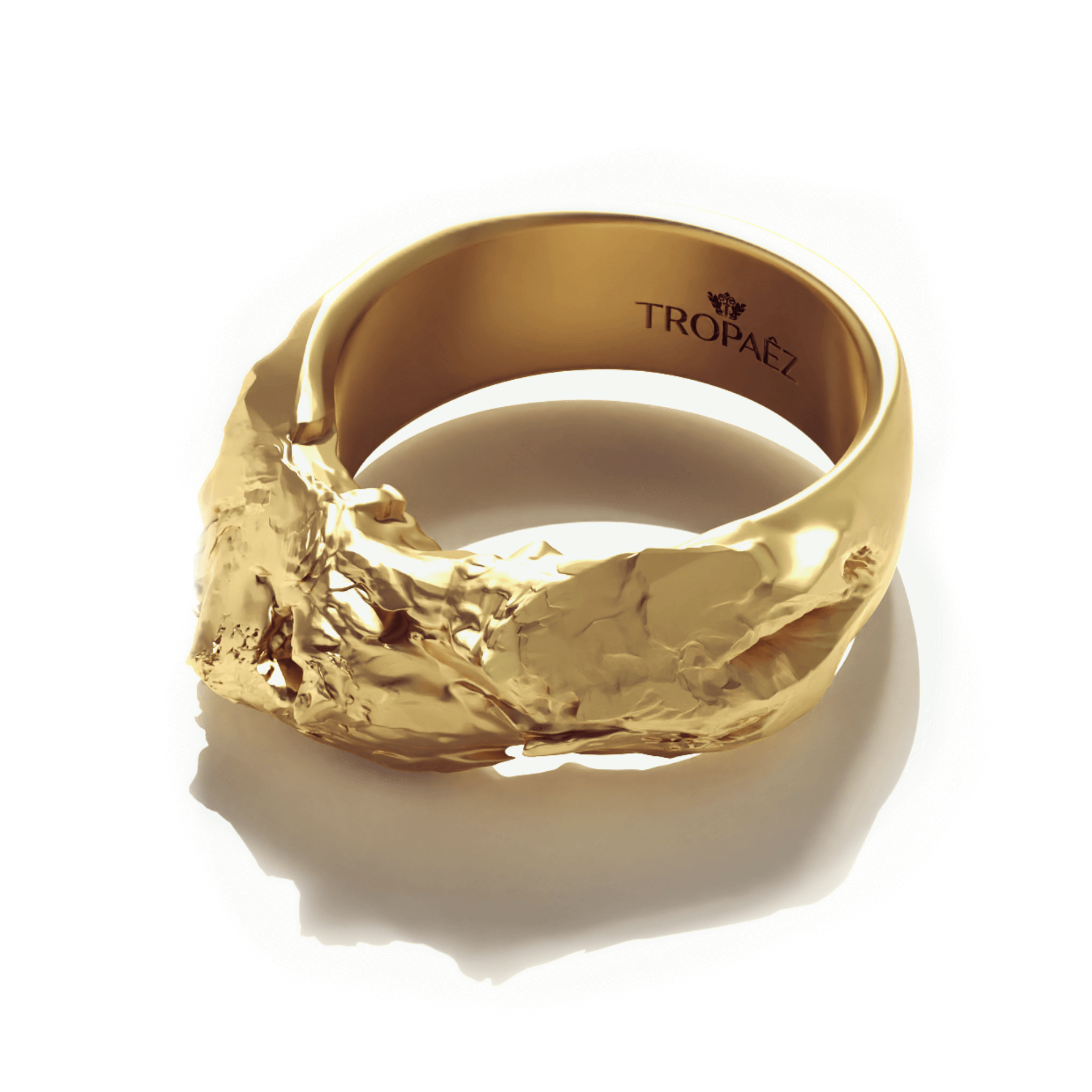 Cascades Ring in 20k Gold by Tropaêz, featuring bold peaks and plunges, 9mm wide--seen from above.