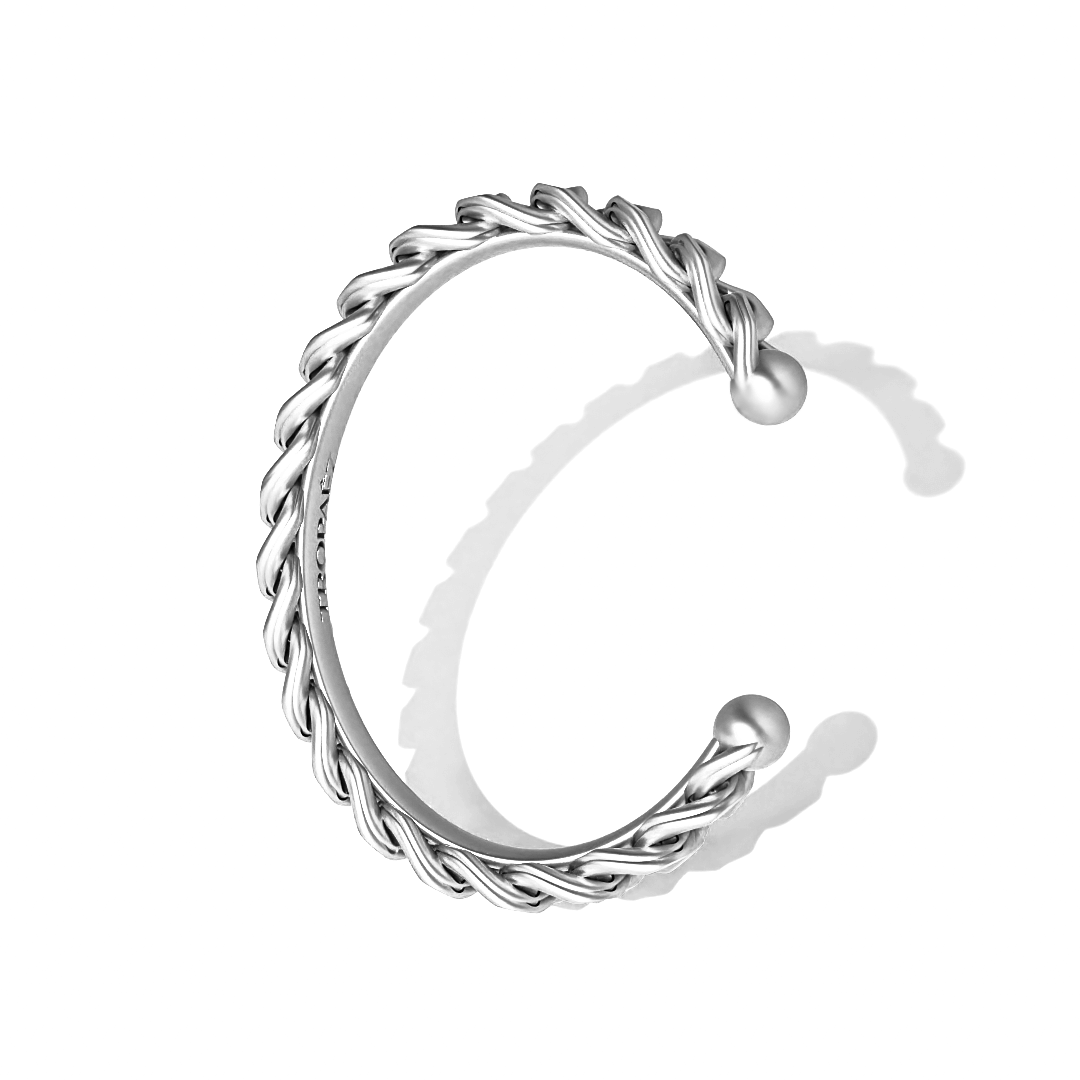 Cuban Twin-Link Cuff Bracelet in Sterling Silver by Tropaêz, sleek slip-on design, 12mm wide--profile view.