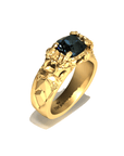 Manor House Ring in 20k Gold by Tropaêz, limited edition with vineyard motifs and London Blue Topaz--profile view.