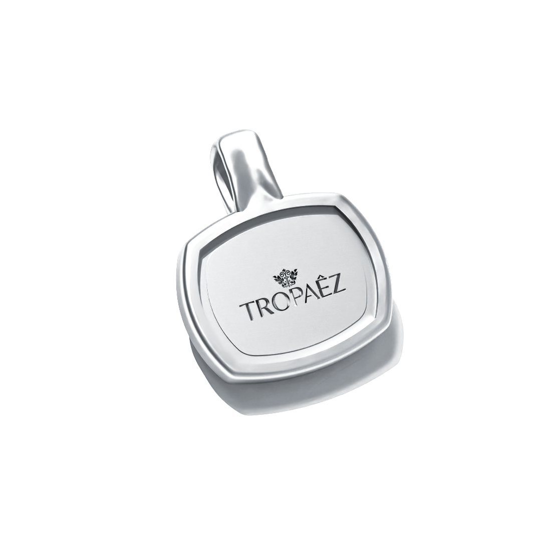 Lion’s Resolve Pendant in Sterling Silver by Tropaêz, featuring a lion intaglio, symbol of strength--back view includes the Tropaêz branding.