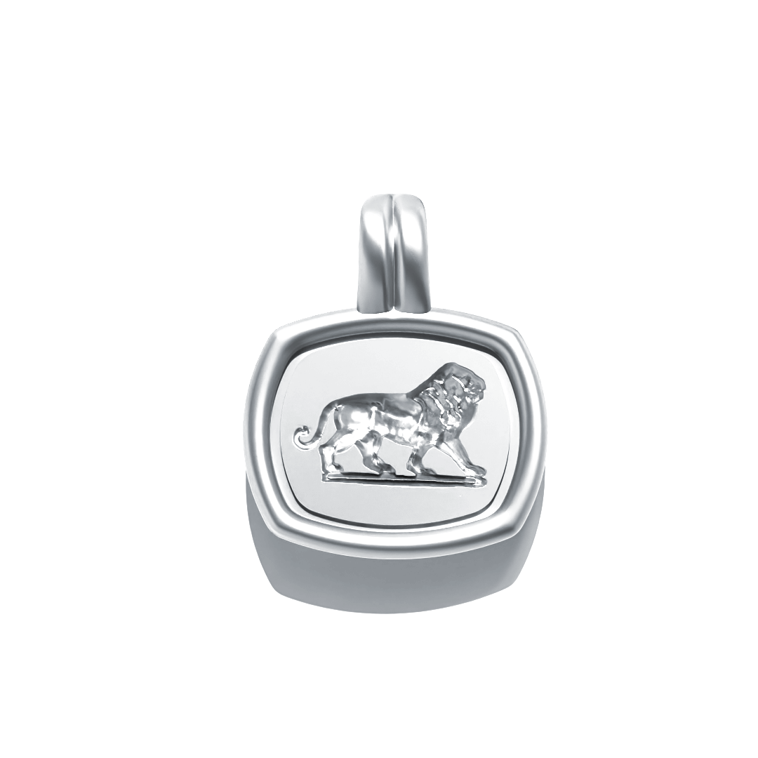 Lion’s Resolve Pendant in Sterling Silver by Tropaêz, featuring a lion intaglio, symbol of strength--front vivew.