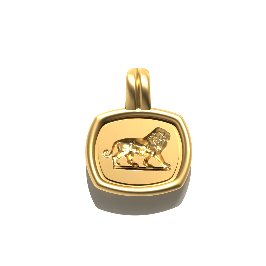 Lion’s Resolve Pendant in 20k Gold by Tropaêz, featuring a lion intaglio, symbol of strength--front view.